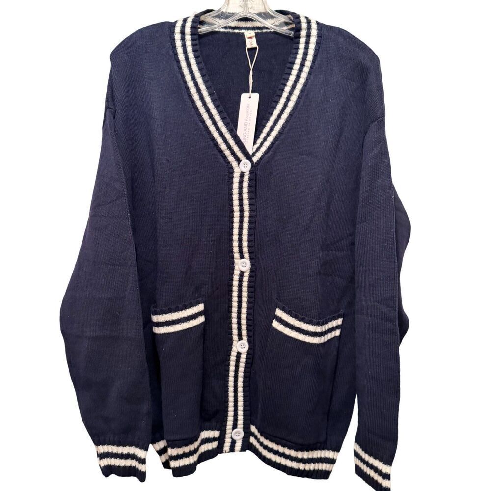 NWT Darong Women's Navy-Blue/White Long Sleeve Cardigan Size M